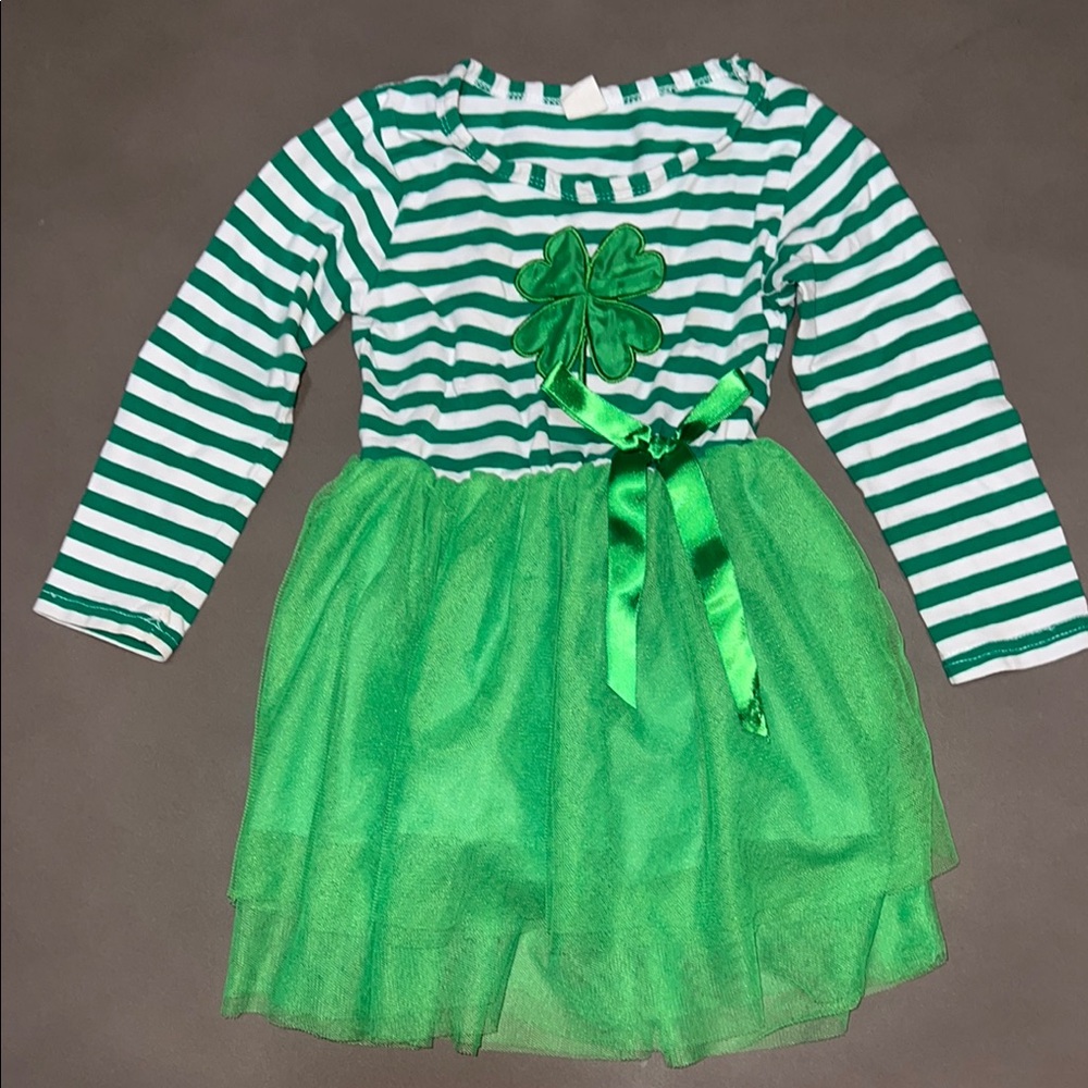 Green Striped Dress with Shamrock for St. Patrick Day with Bow and Tutu